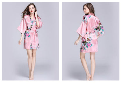 Silk Nightgown Women'S Summer Mid Sleeve Peacock Pajamas Bathrobe Large Size Home Clothes 1