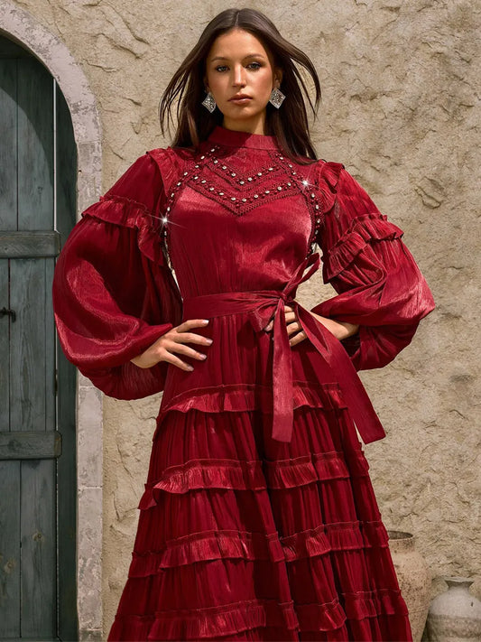 Mariella Ballon Sleeve Ruffle Tiered Midi Dress