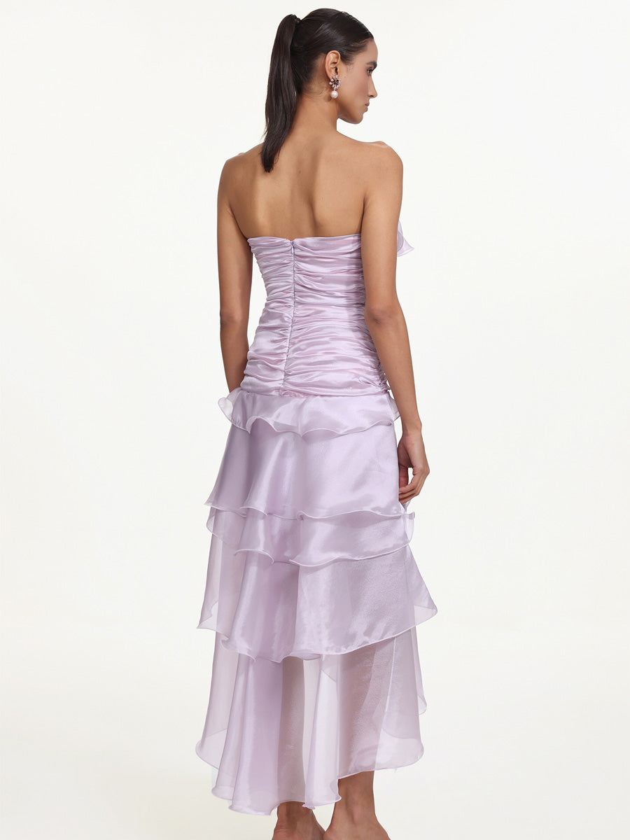 Ivy Flowy Strapless Asymmetric Ruffle High Slit Maxi Dress