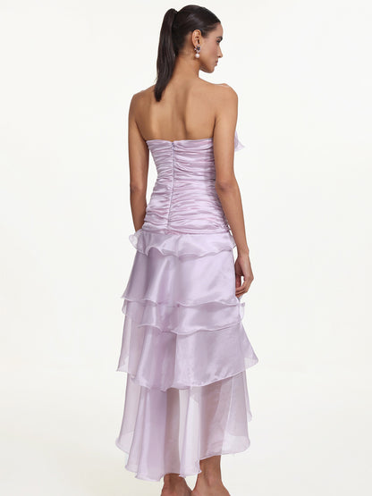 Ivy Flowy Strapless Asymmetric Ruffle High Slit Maxi Dress