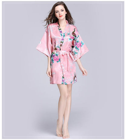 Silk Nightgown Women'S Summer Mid Sleeve Peacock Pajamas Bathrobe Large Size Home Clothes 1