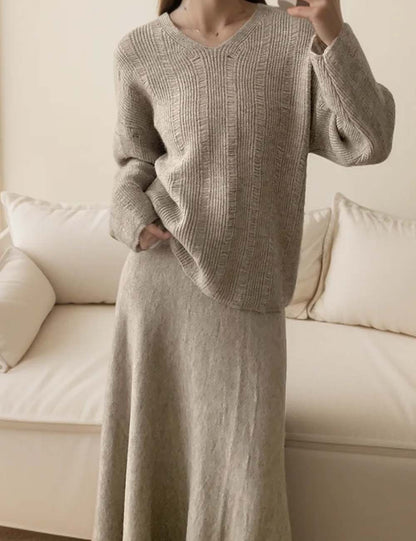 Solid Color Loose Knit Sweater Maxi Skirt Set