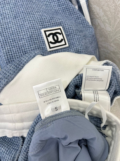 CC 25 Collar Jacket and Casual Trousers Waffle Suit Blue Rayon