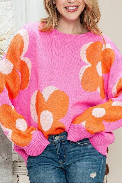 Pink \u0026 Orange Floral Cable Knitted Sweater
