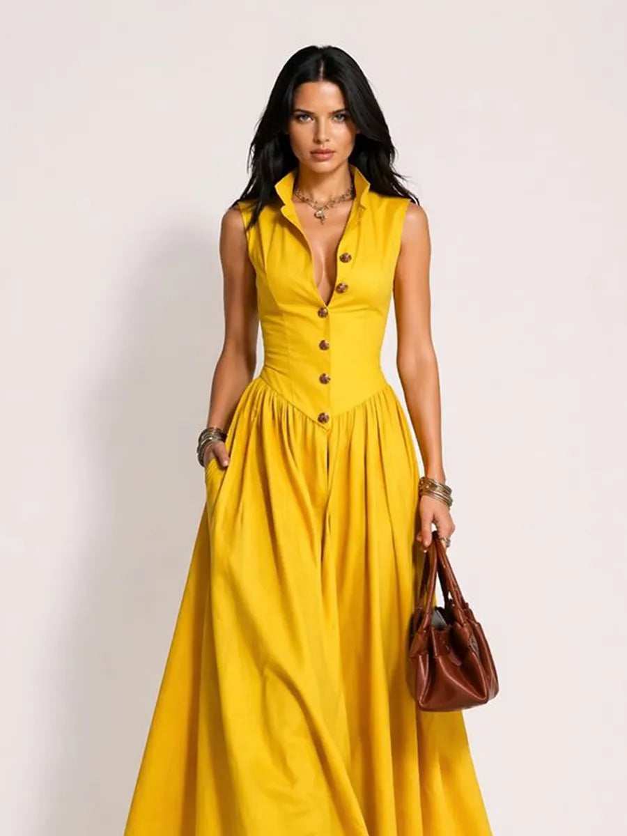 Astrid Lapel Multi-Button Maxi Dress