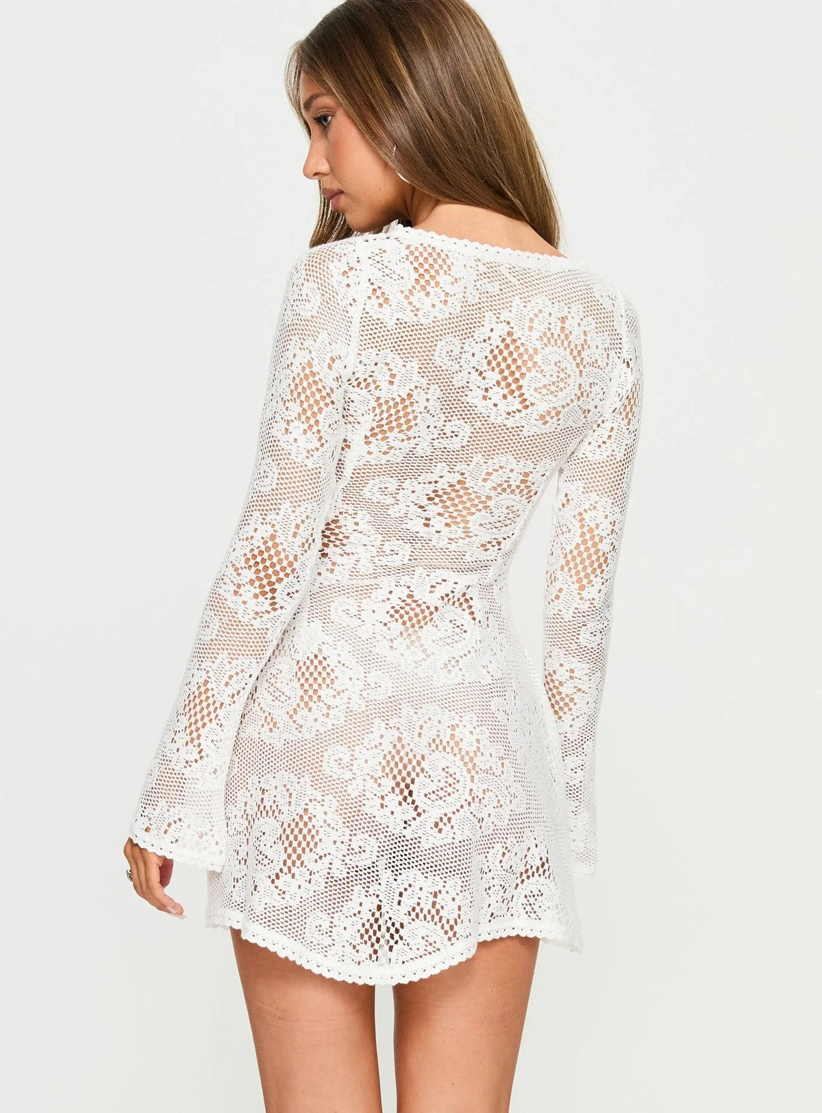 Gold Dust Crochet Tie-Up Mini Dress Cream