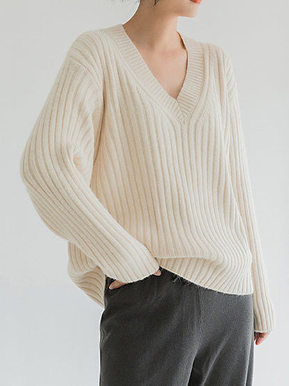 Casual Loose Solid Color V-Neck Sweater Tops
