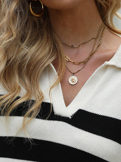 Simple Loose Striped Lapel Collar Long Sleeves Sweater Tops