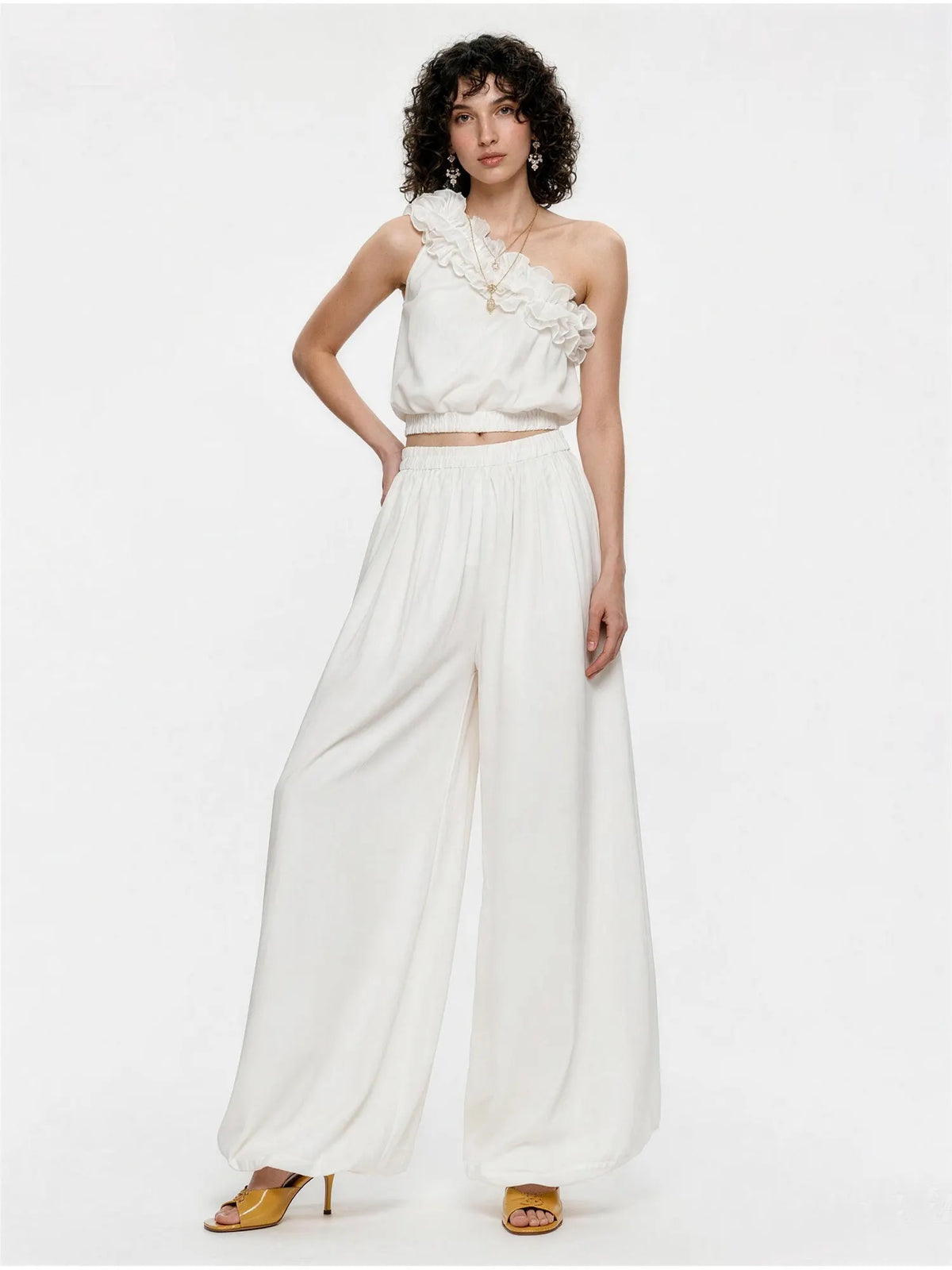 Melinda Ruffled One-Shoulder Top and Pants Set