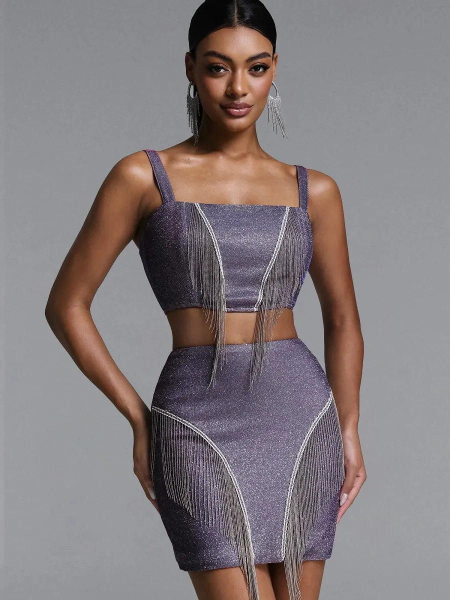 Gia Glitter Fringe Crop Top & Mini Skirt Set