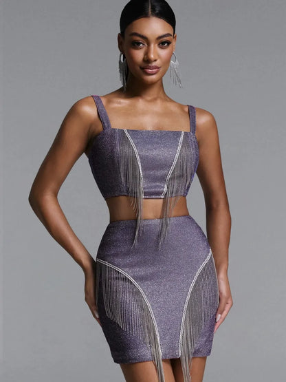 Gia Glitter Fringe Crop Top & Mini Skirt Set