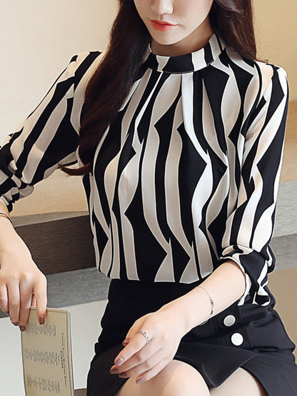 Long Sleeves Loose Contrast Color Printed Mock Neck Blouses&Shirts Tops
