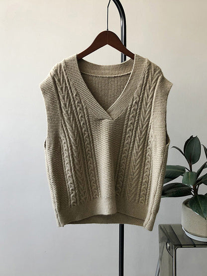 Casual Loose Sleeveless Jacquard Solid Color V-Neck Sweater Vest Outerwear
