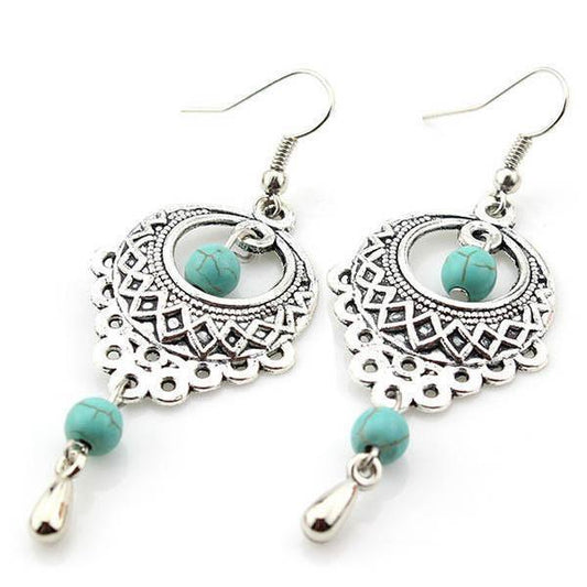 Vintage Ethnic Turquoise Hollow Carved Water Drops Earrings