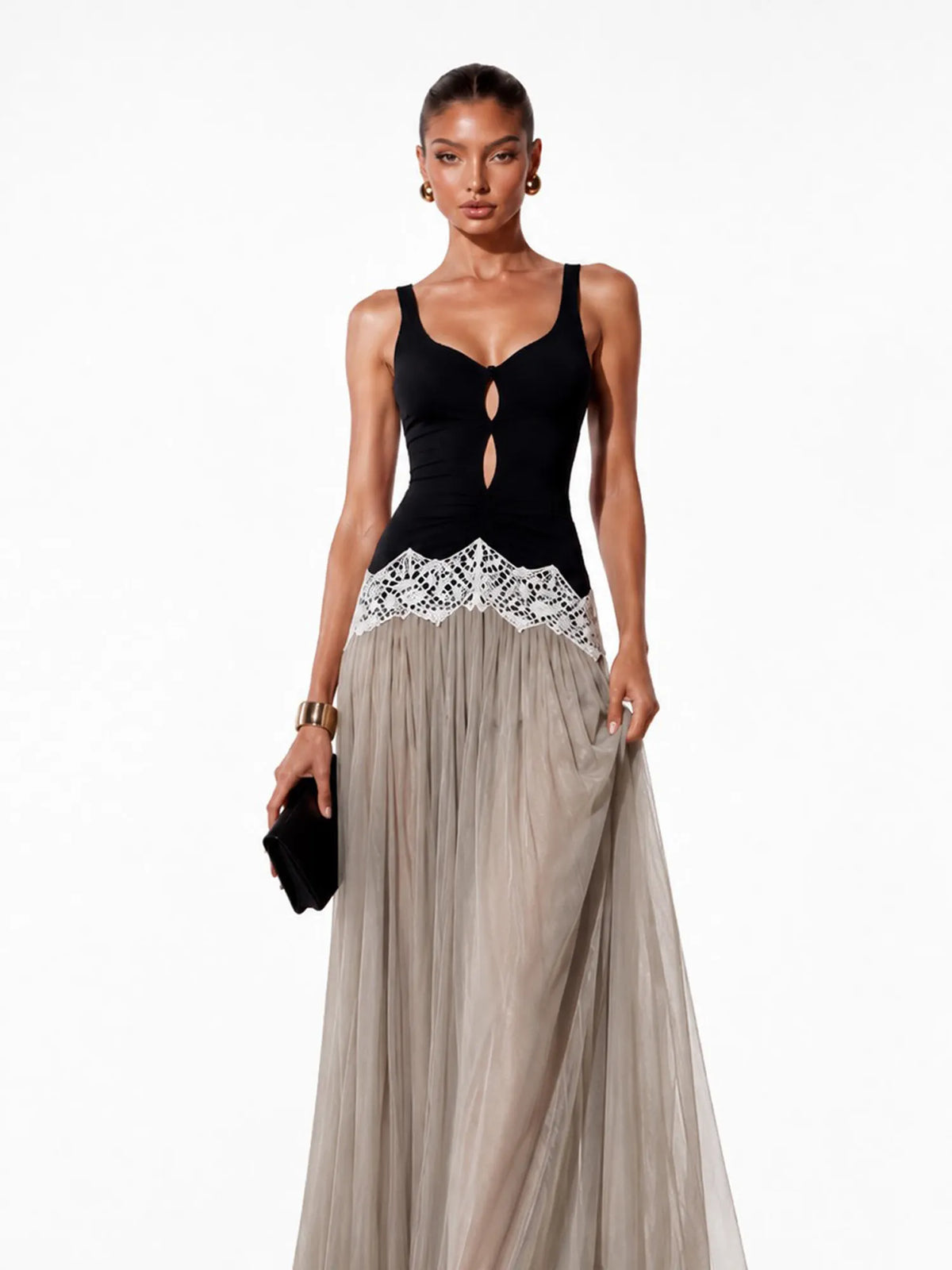 Stella Pleated Tulle-Panel Maxi Dress