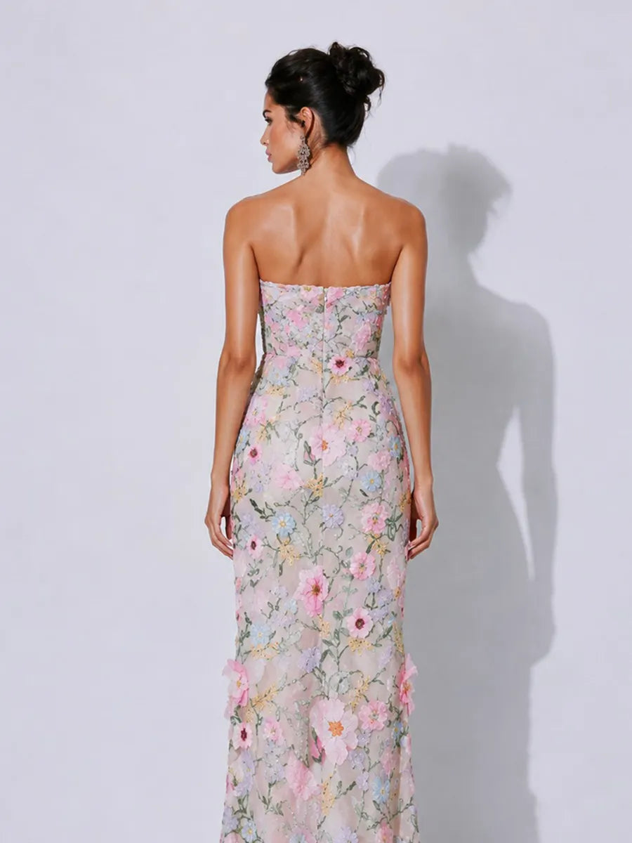 Fiona Embroidered Appliqué Strapless Maxi Dress