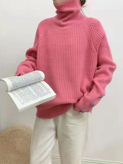 Casual Loose Long Sleeves Solid Color High-Neck Sweater Tops