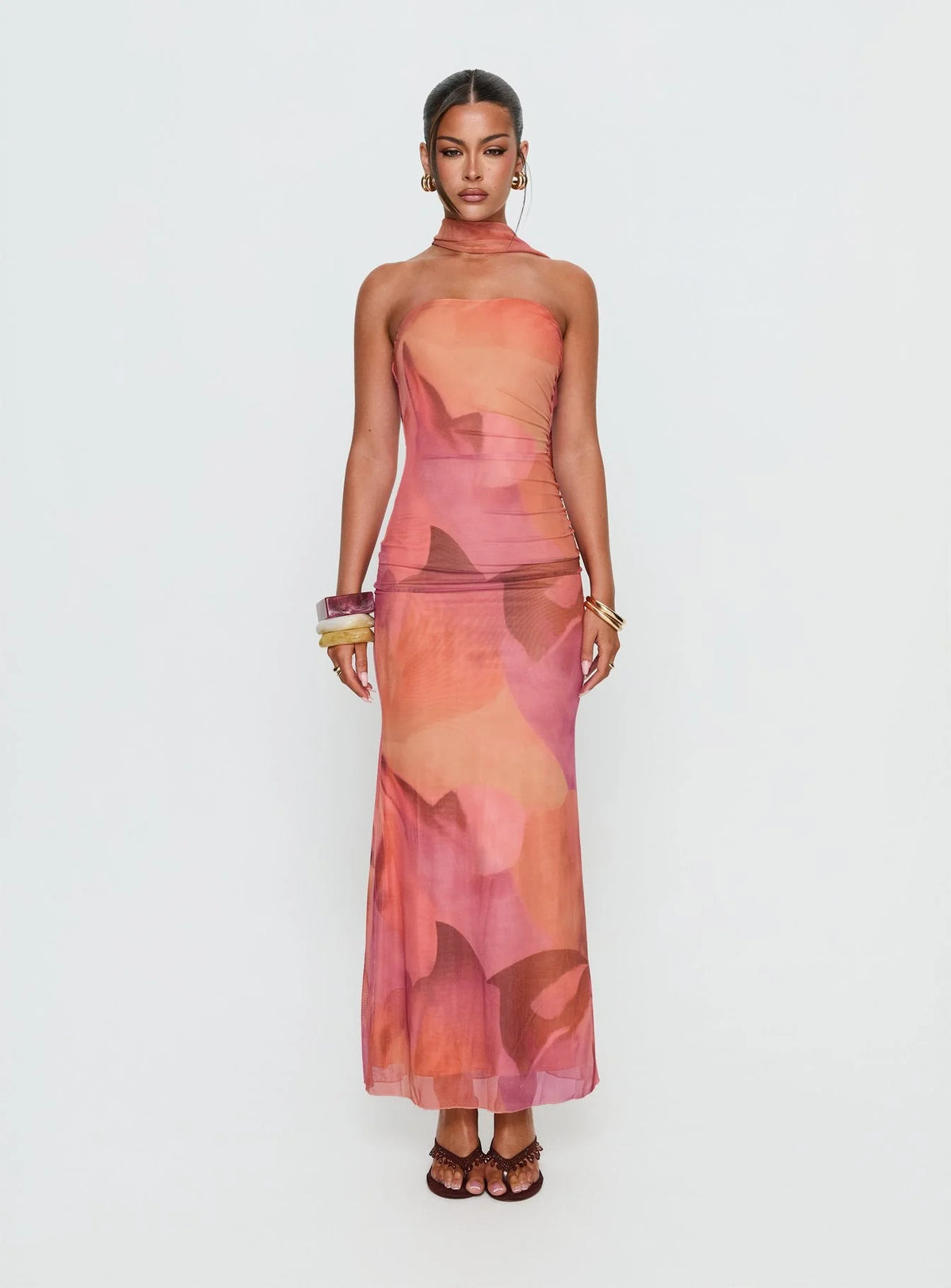 Davynn Scarf Detail Strapless Maxi Dress Pink Multi