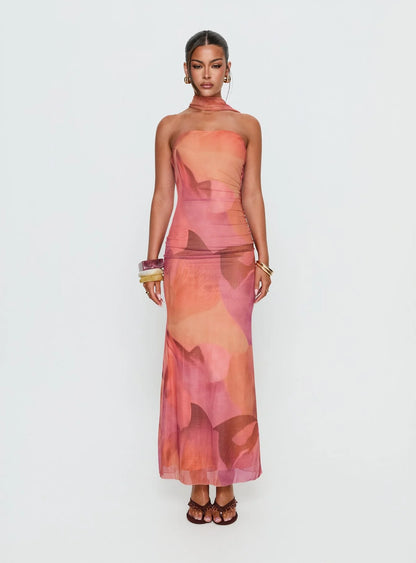 Davynn Scarf Detail Strapless Maxi Dress Pink Multi