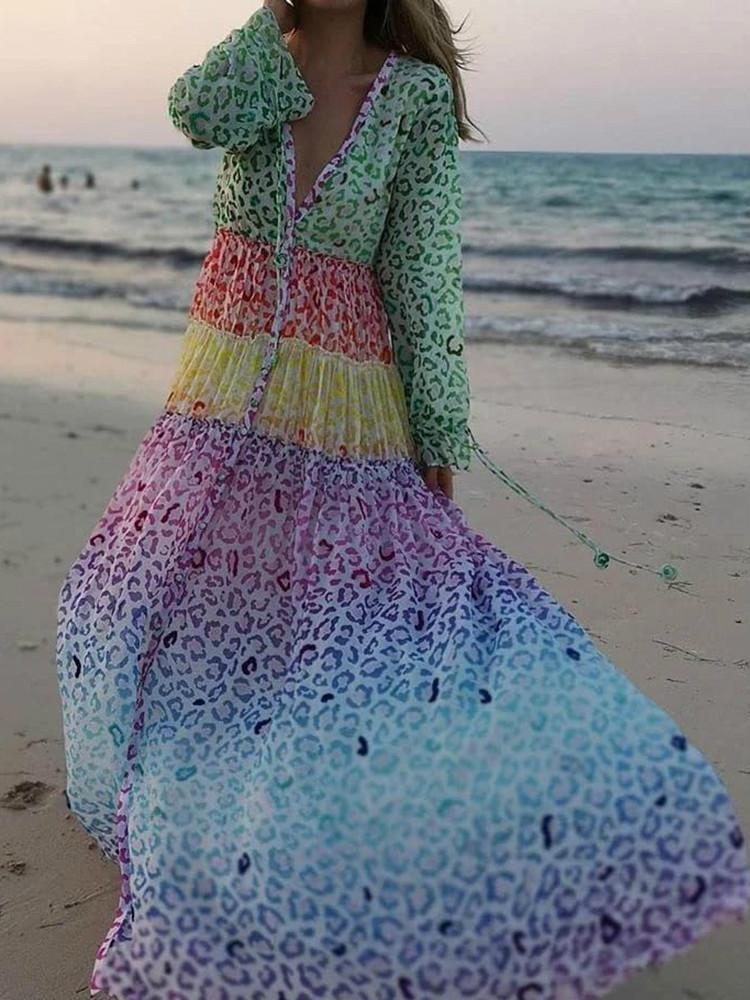 Stylish V-Neck Long-Sleeved Print Beach Dress