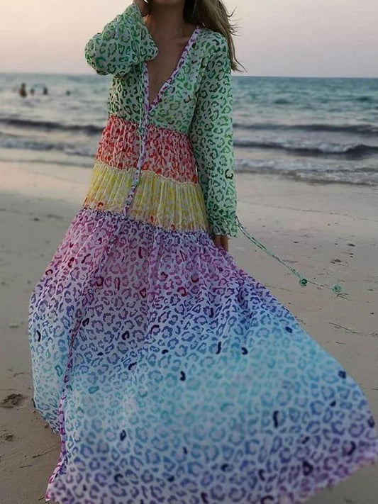 Stylish V-Neck Long-Sleeved Print Beach Dress