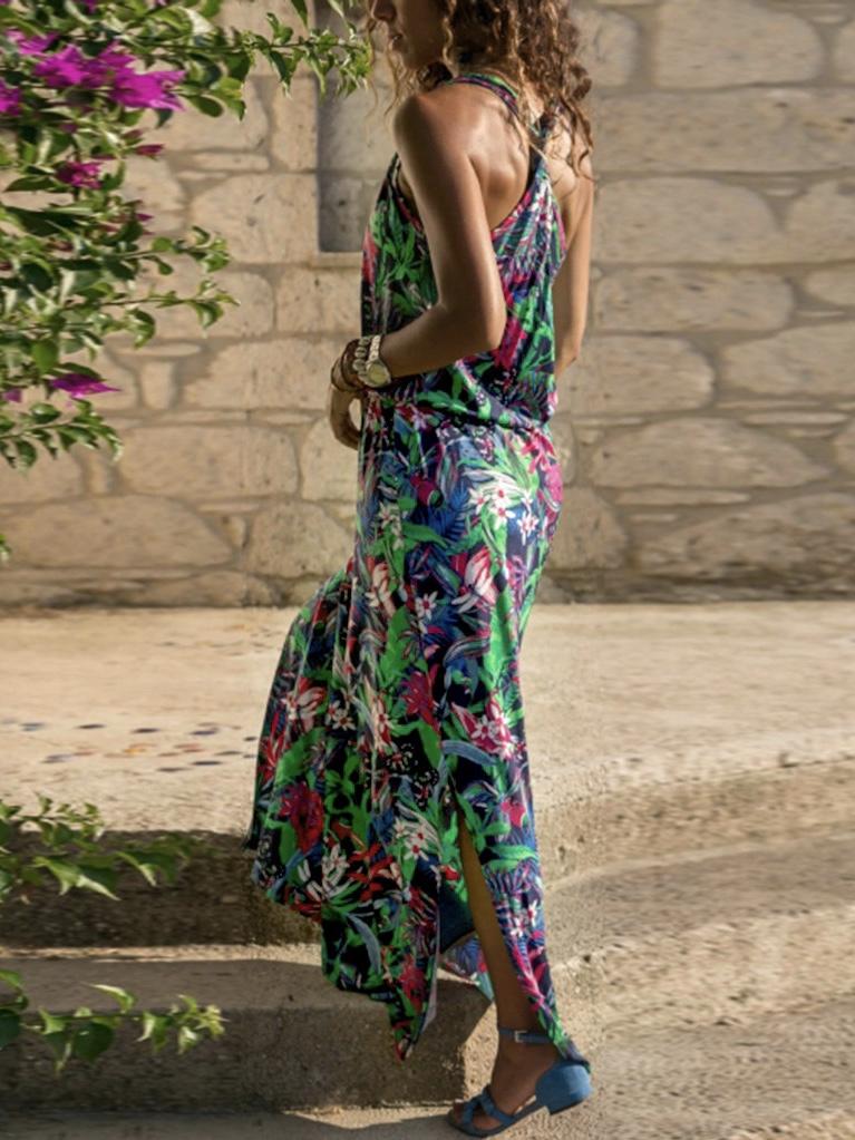 Summer Women Fashion Sexy Causal Elegant Sleeveless Floral Hollow-Out Back Maxi Dress