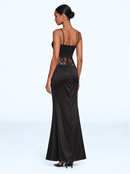 Amelia Spaghetti Strap Lace-Trimmed Slit Maxi Dress
