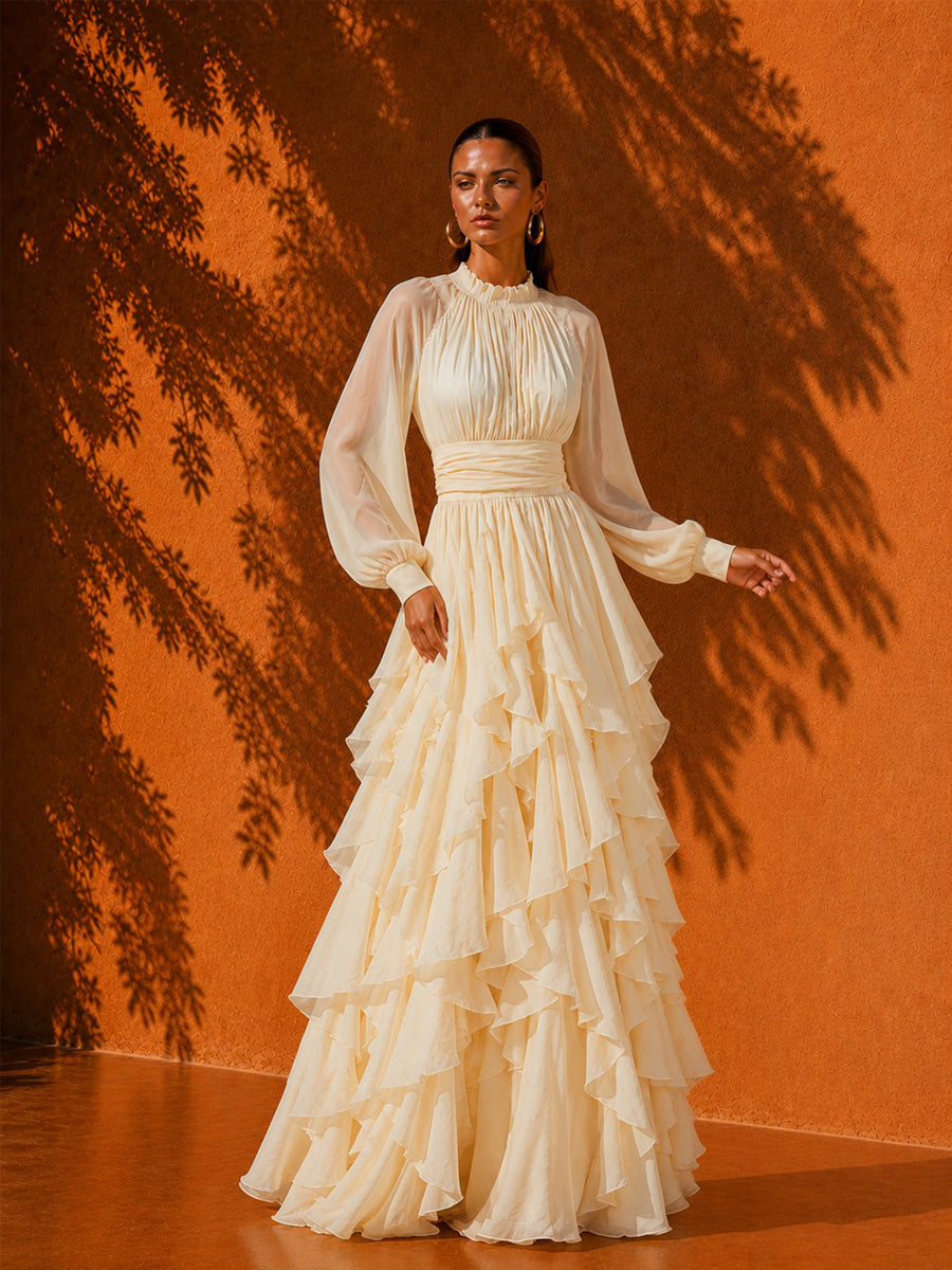 Isla Romantic Ruffled Tiered Maxi Dress In Yellow