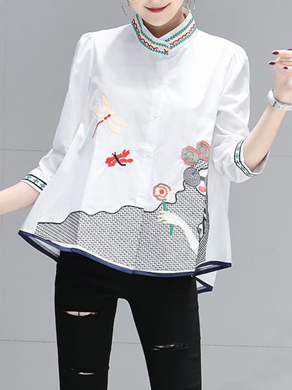High-Low Loose Contrast Color Embroidered Printed Blouses&Shirts Tops