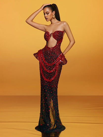 Mireia Strapless Cutout Crystal Maxi Dress