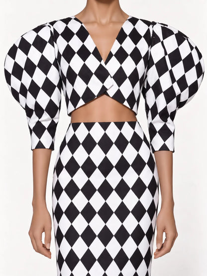 Selah Checked Puff Sleeves Top and Maxi Skirt Set