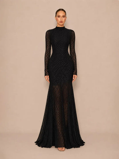 Helena Fitted Long-Sleeve Lace Maxi Dress
