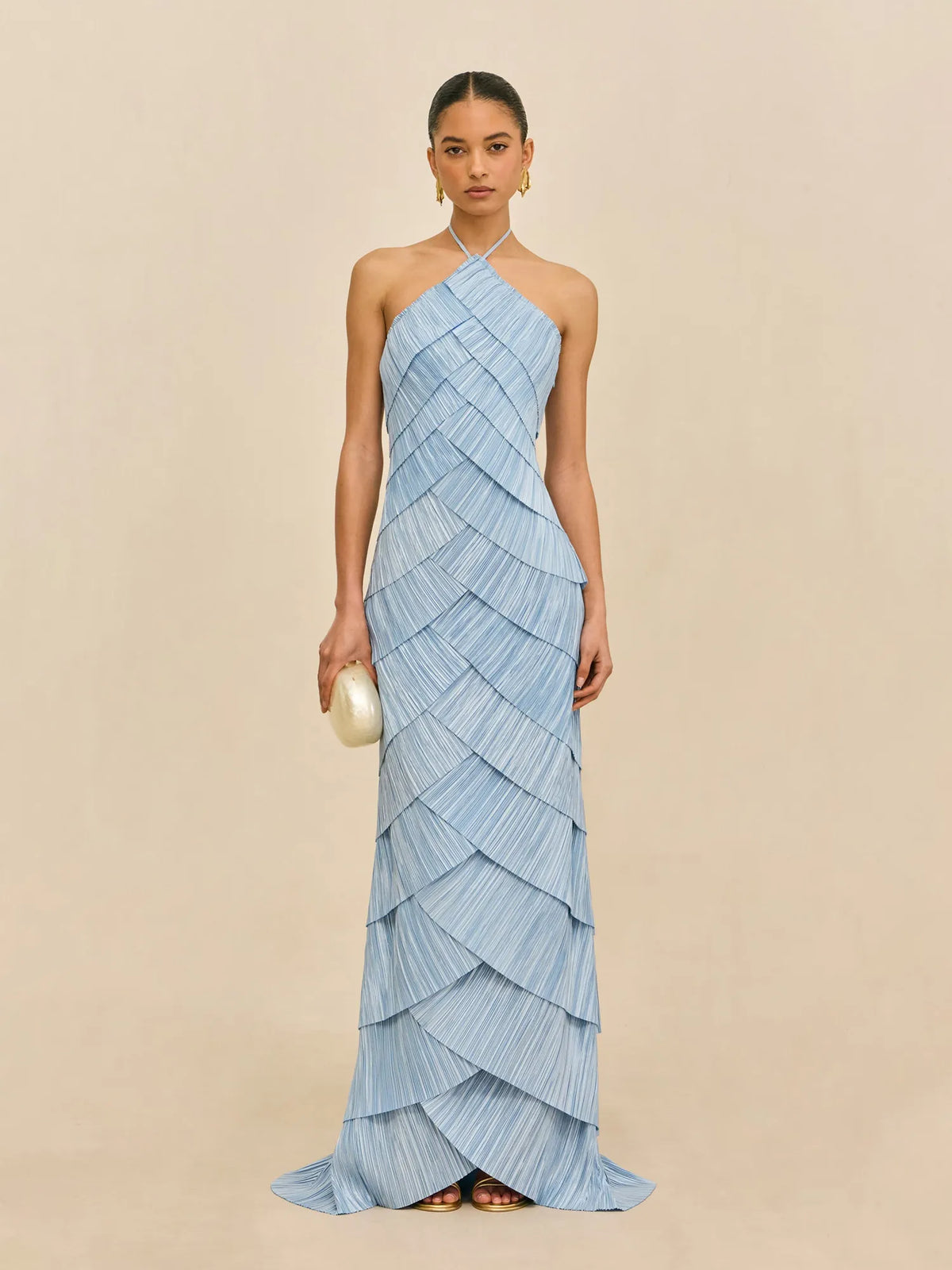 Ella Tiered Pleated Halter-Neck Sleeveless Maxi Dress