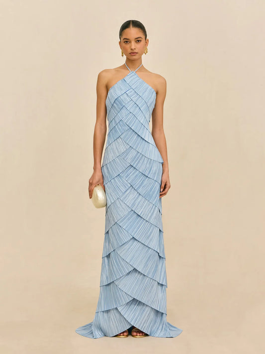 Ella Tiered Pleated Halter-Neck Sleeveless Maxi Dress