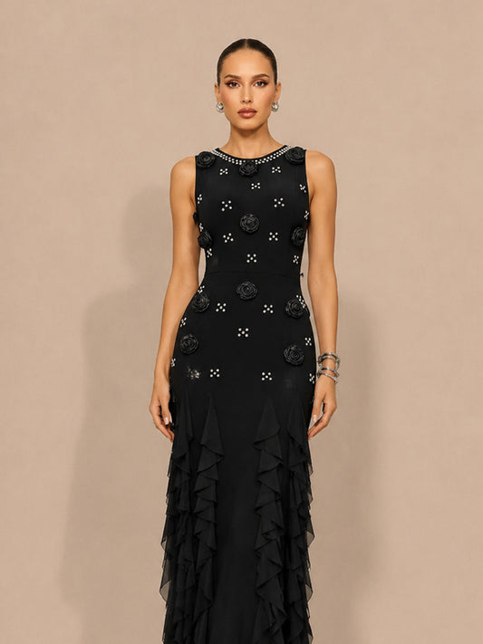Kira Chic Contour Rhinestone Floral Bandage Black Maxi Dress