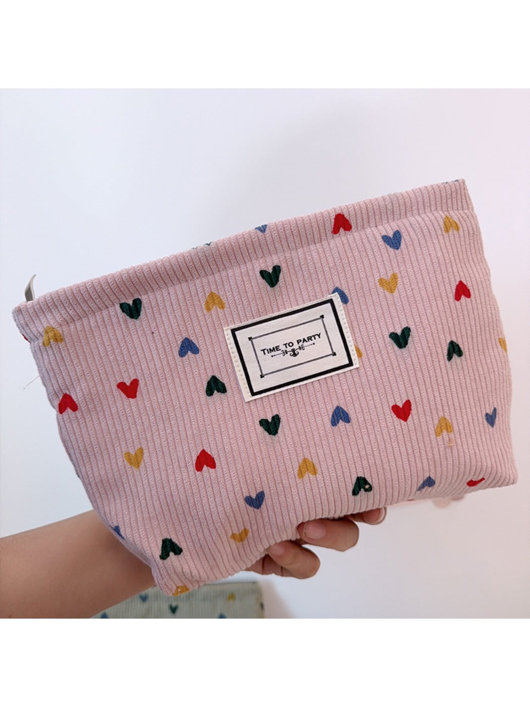 Cosbai - Corduroy Zippered Makeup Pouch with Heart-shaped Patterns