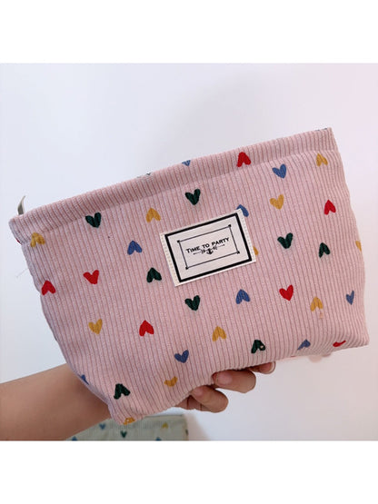Cosbai - Corduroy Zippered Makeup Pouch with Heart-shaped Patterns