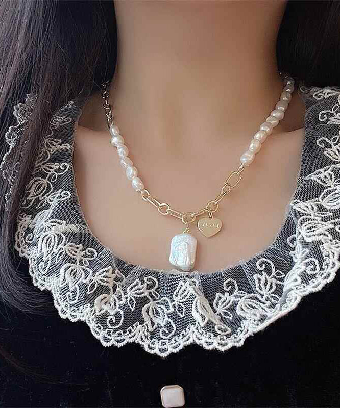 Unique White Copper Overgild Asymmetrical Pearl Pendant Necklace