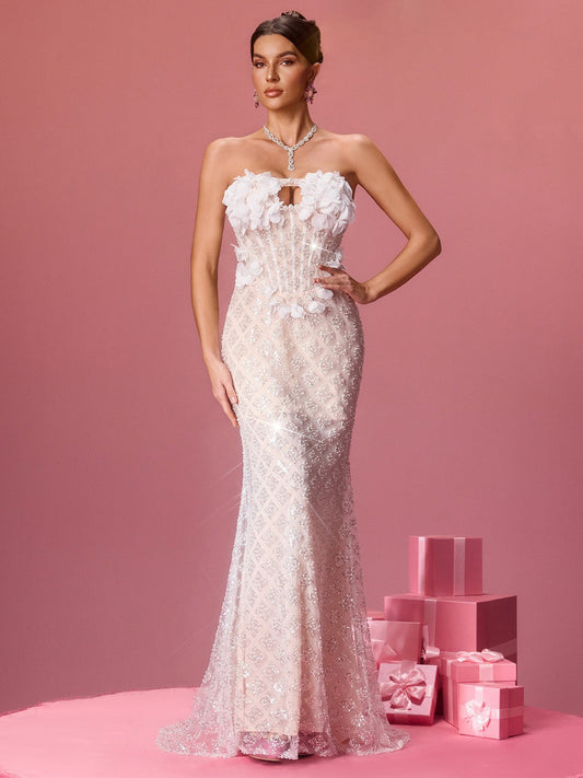 Alessandra Strapless Flower Sequin Maxi Dress