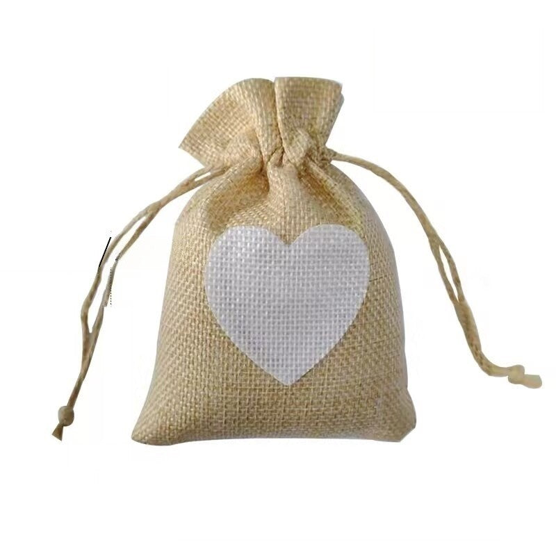 Cotton Linen Drawstring Gift Bag With Heart Print