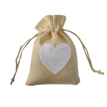Cotton Linen Drawstring Gift Bag With Heart Print