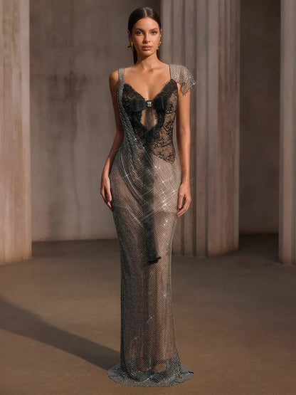 Miranda Rhinestone Mesh Lace Maxi Dress