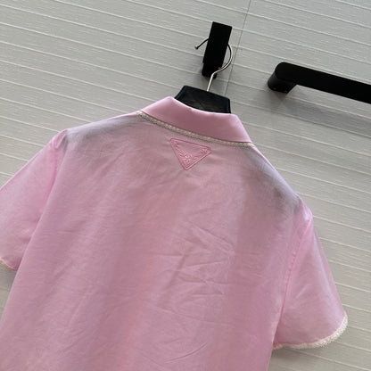Prada 25 Lace Short-sleeved Shirt Pink Cotton