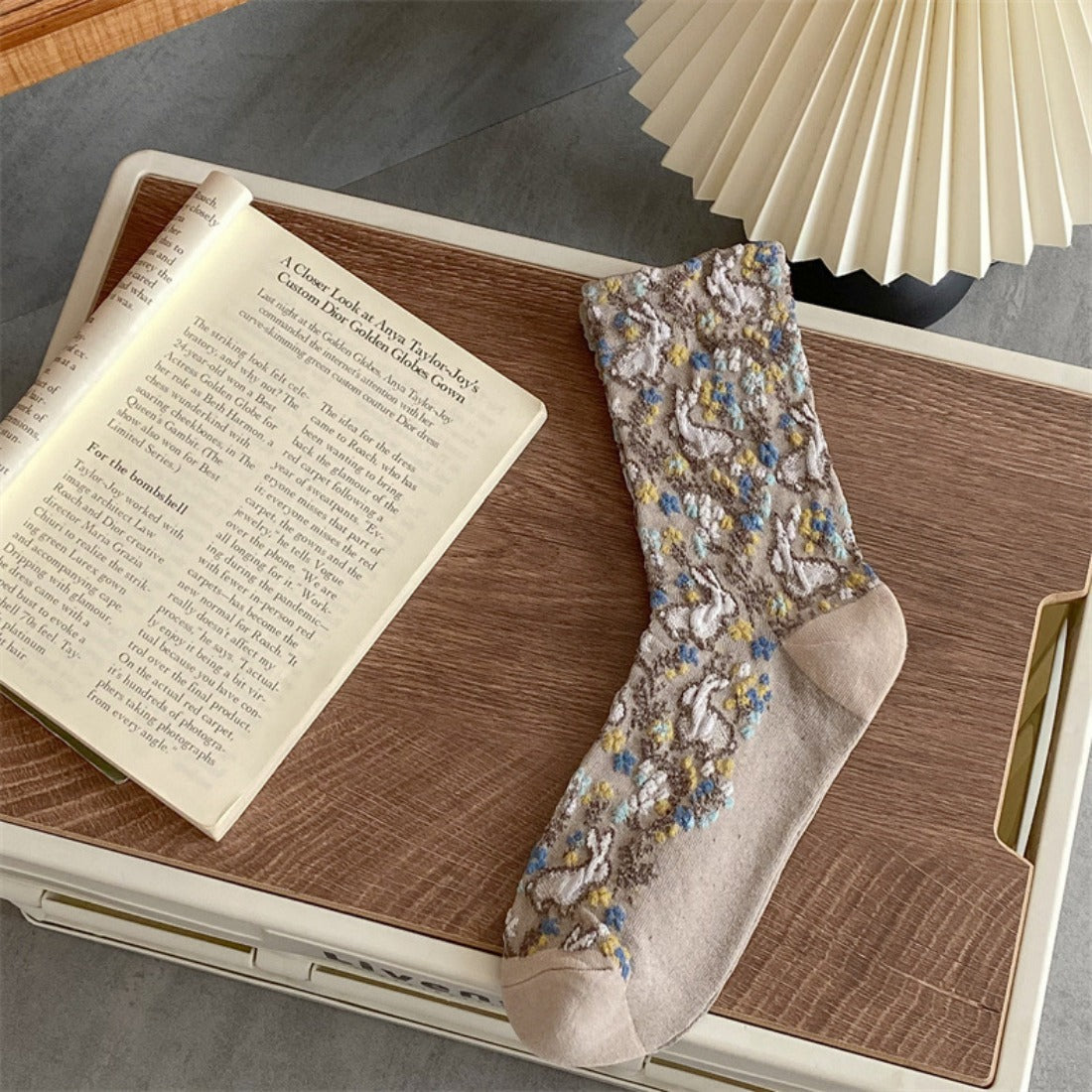 Rufia - Vintage Style Embossed Little Bunny Pattern Mid-Calf Socks