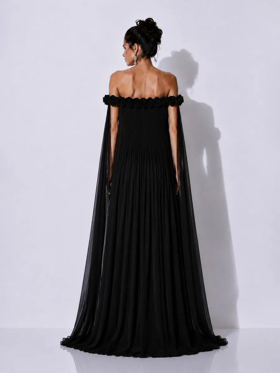 Grace 3D Floral Pleated Off-Shoulder Maxi Dress