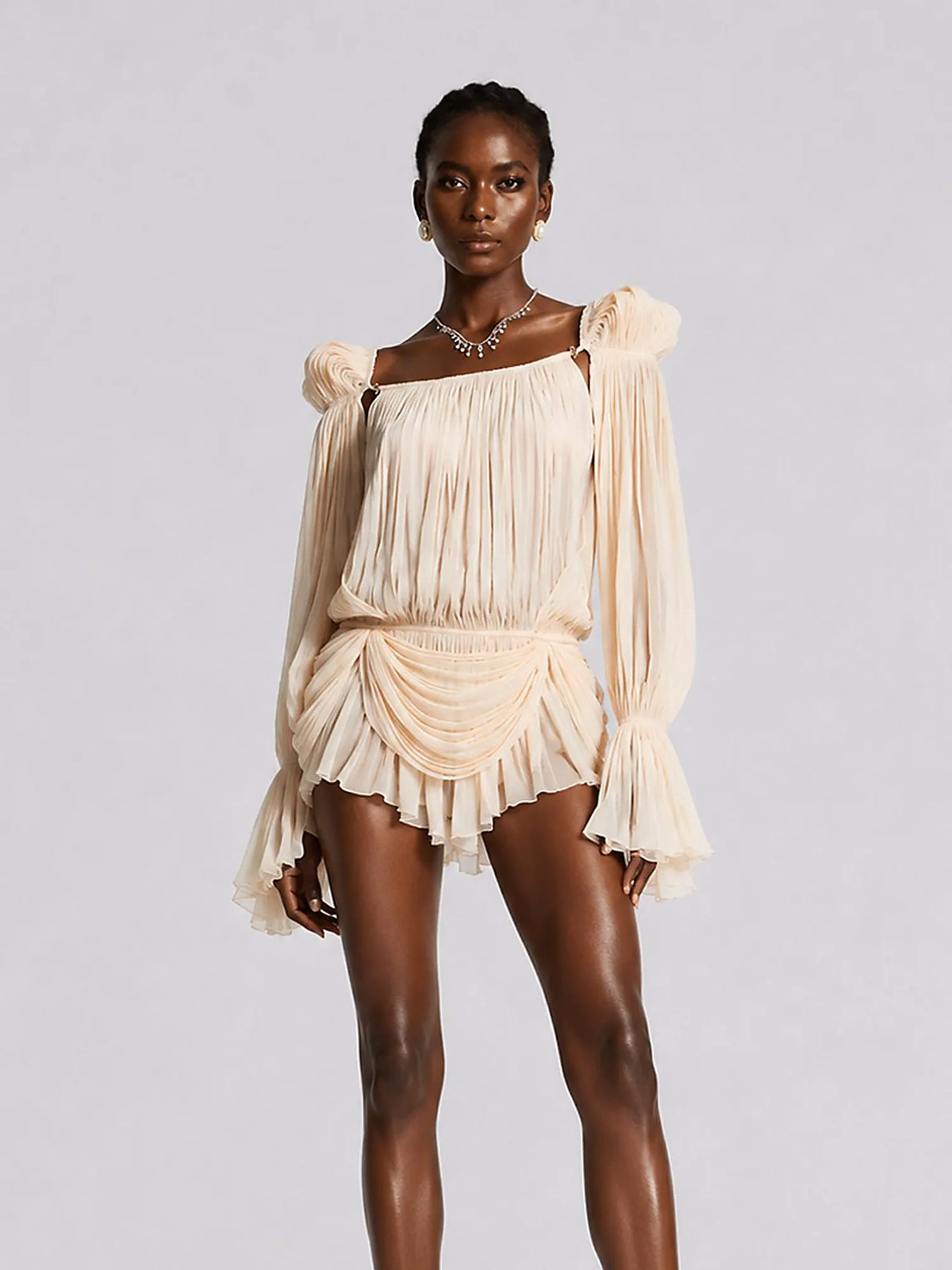 Zoe Neutrals Pleated Ruffled Mini Dress