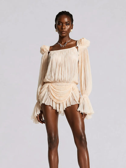 Zoe Neutrals Pleated Ruffled Mini Dress
