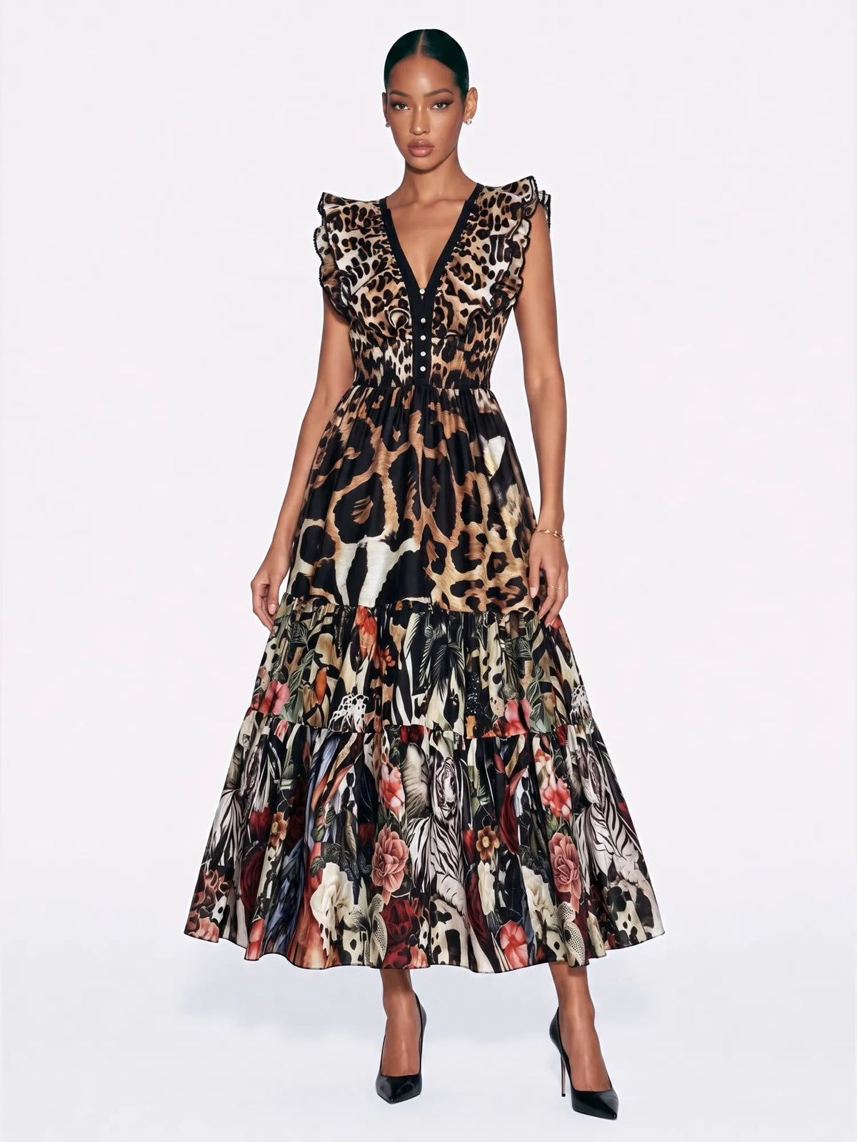Zoey Leopard Floral Flare Midi Dress