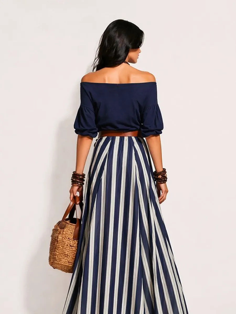 Arlette Women's Vacation-Style Off-Shoulder Top and Slit Skirt Set