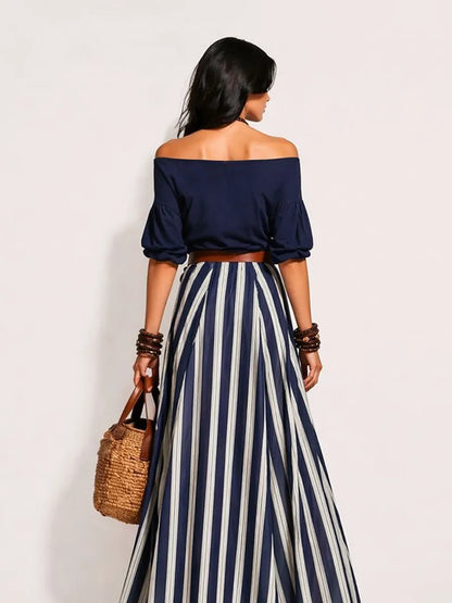 Arlette Women's Vacation-Style Off-Shoulder Top and Slit Skirt Set